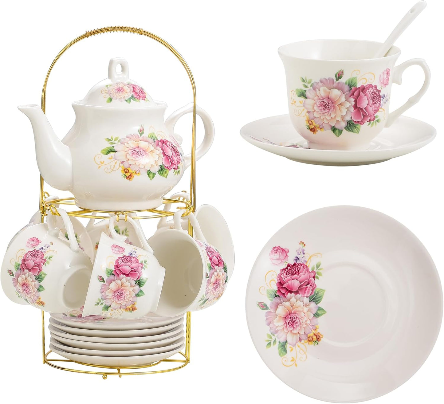 20-Piece Porcelain Tea Set for Women with Golden Metal Rack