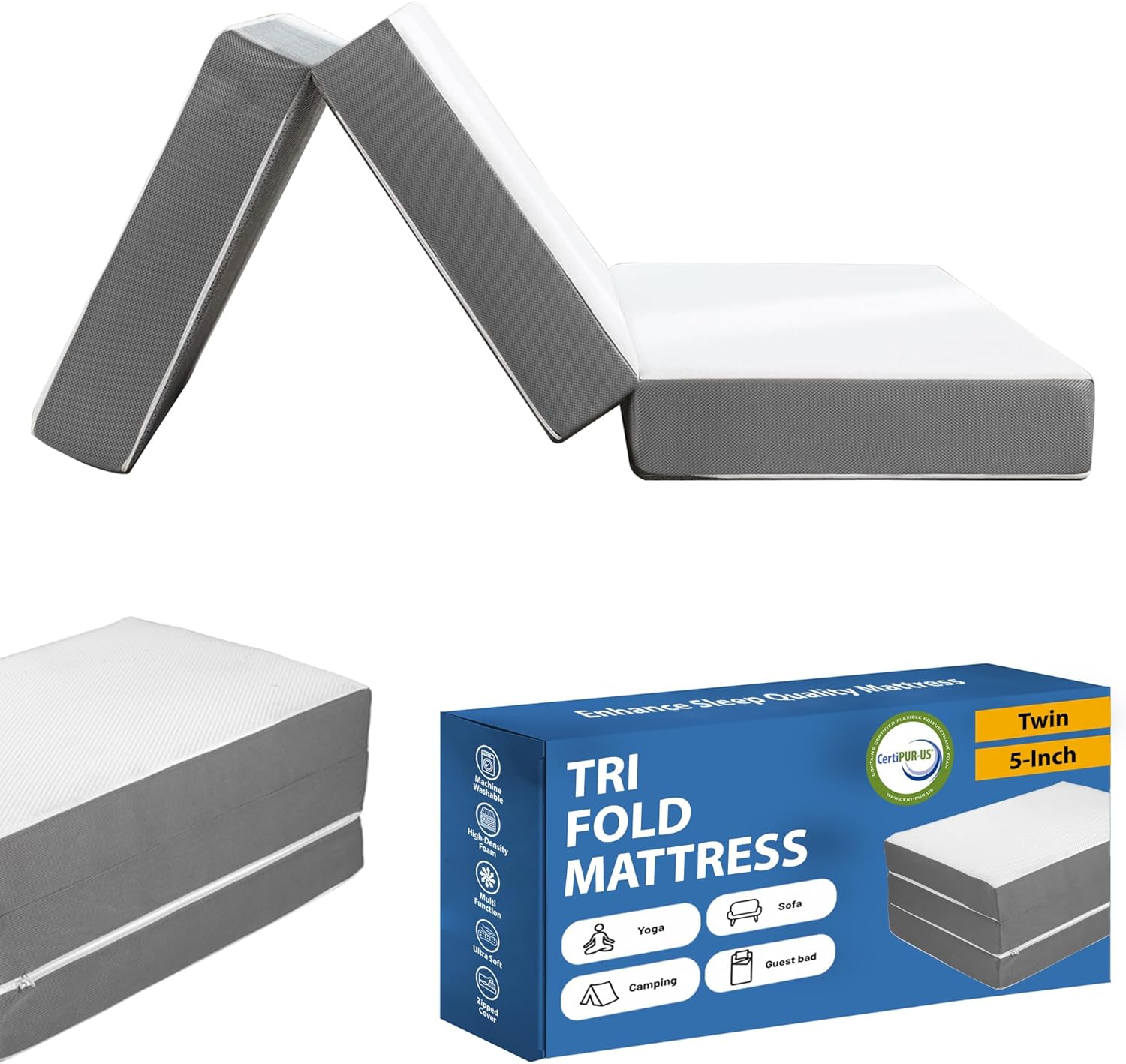 5-Inch Tri-Folding Gel Memory Foam Portable Floor Mattress