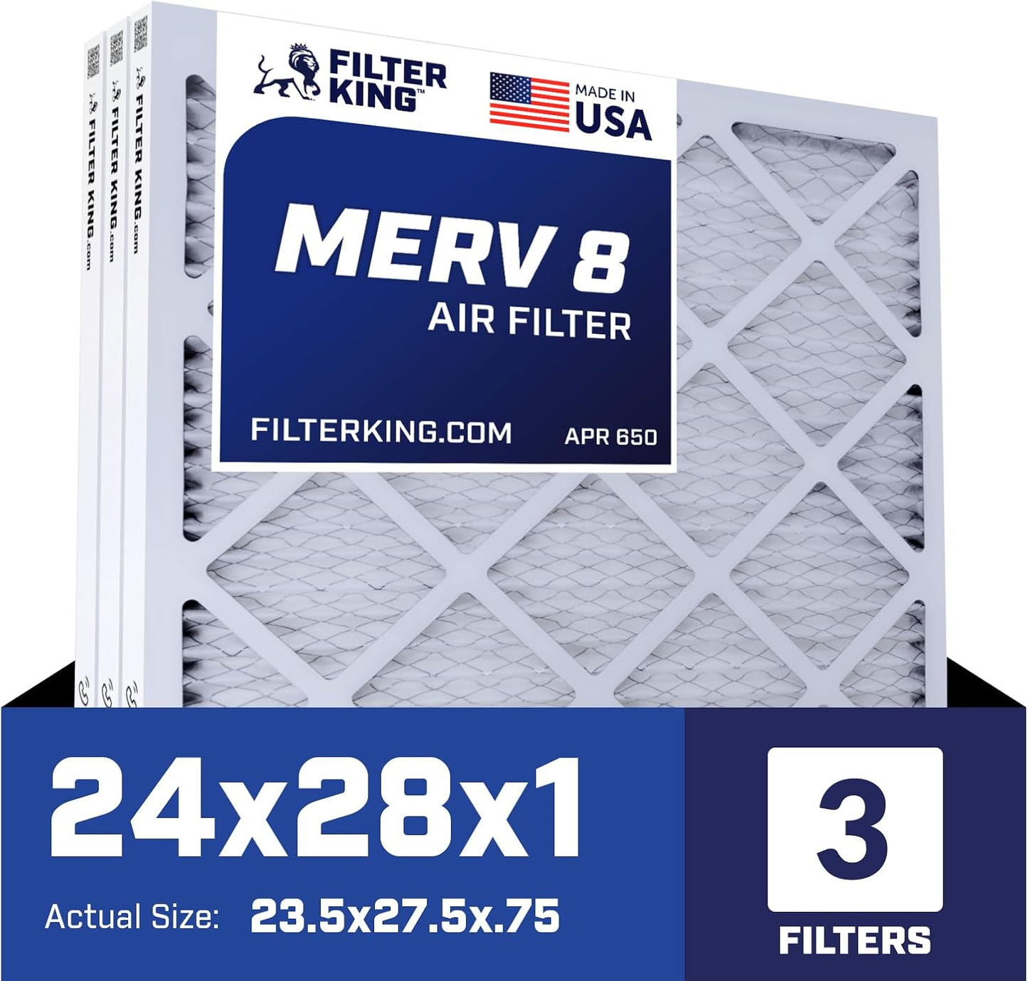 Filter King 24x28x1 Air Filter 3-Pack for Home HVAC Systems