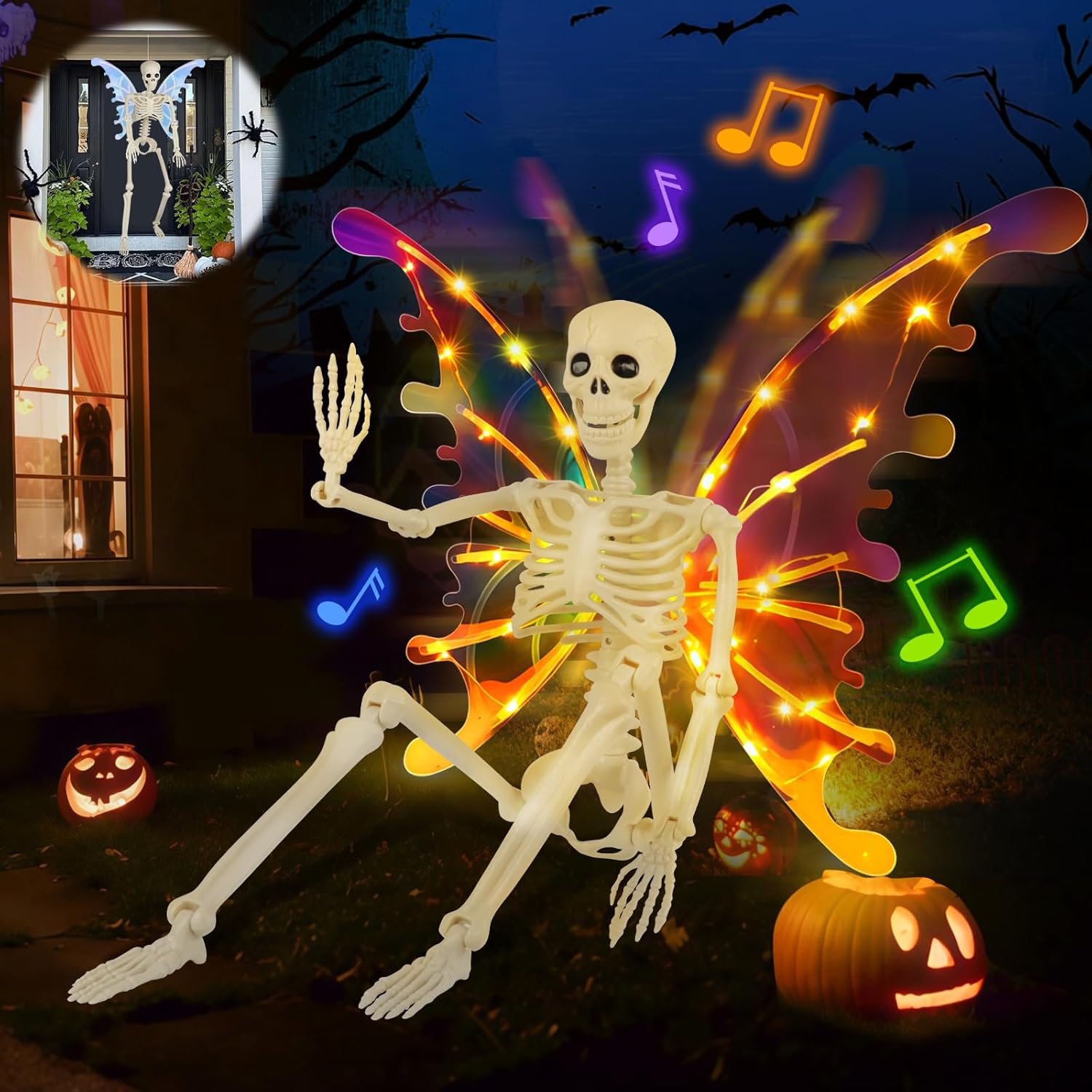 36 in Skeleton Halloween Decorations with Light Up Fairy Wings
