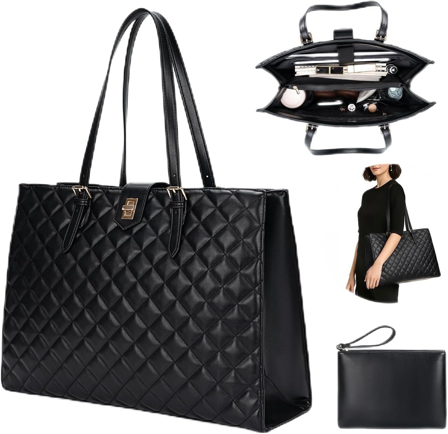 Quilted Laptop Tote Bag for Women - Large Capacity Work Bag