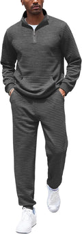 Men's Plaid Jacquard Tracksuit 2 Piece Quarter Zip Sweat Set - Cozy