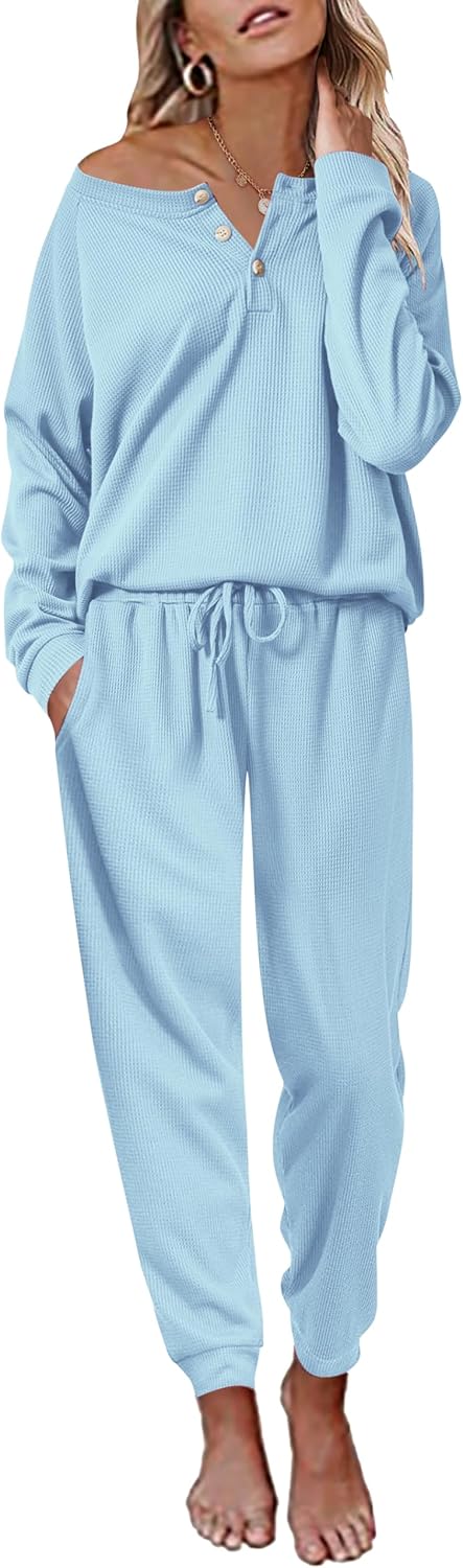 Ekouaer Pajamas Women's Waffle Knit Sleepwear Set for Comfort