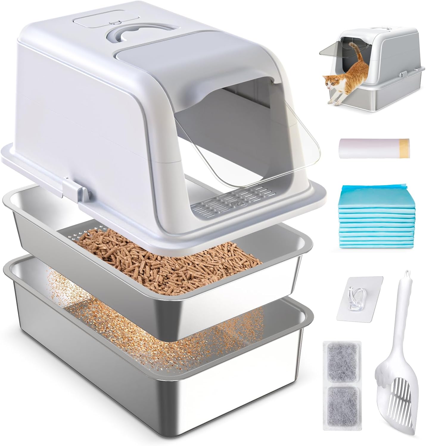 XL Stainless Steel Sifting Cat Litter Box with Lid for Big Cats