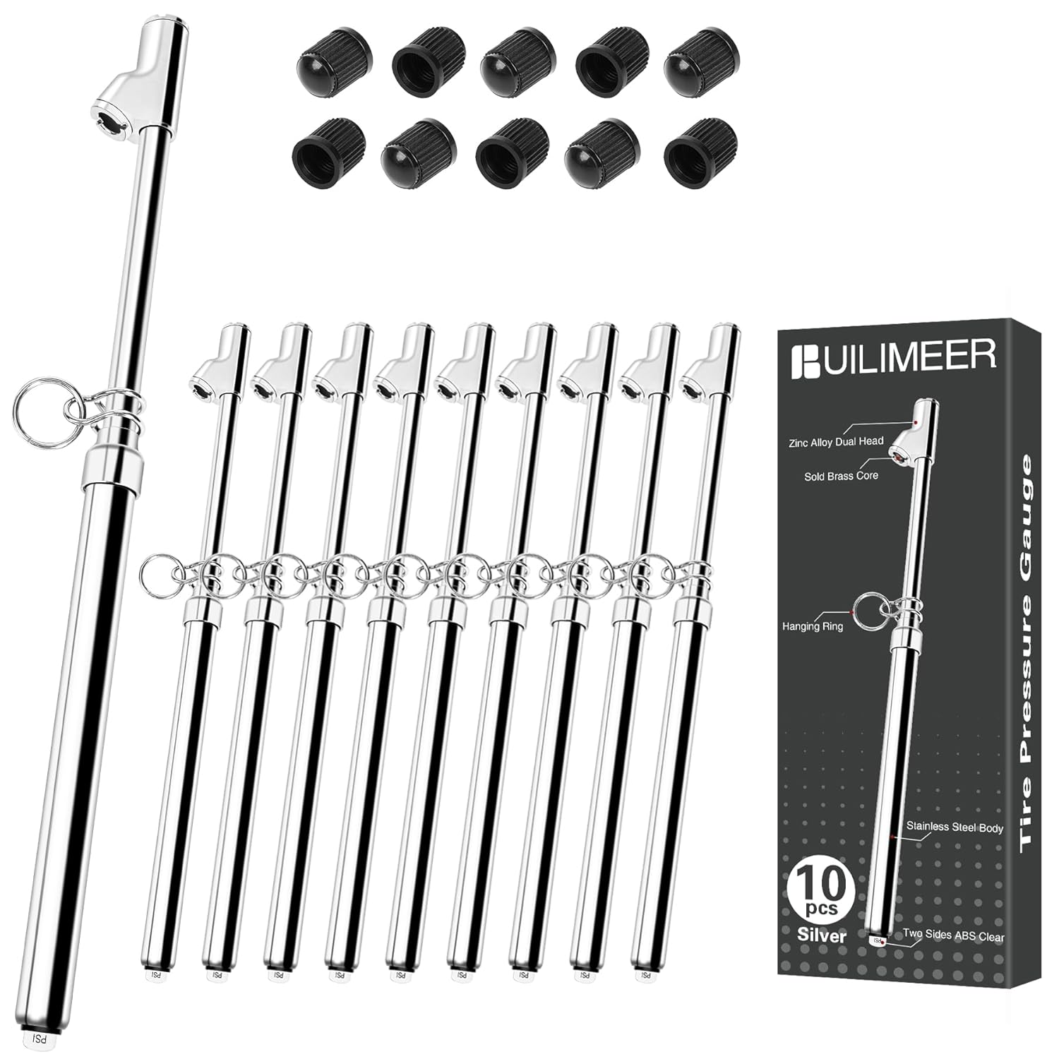 10-Pack Dual Head Tire Pressure Gauge for Cars, Trucks, Bikes