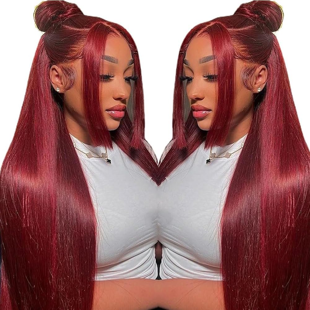 9x6 Glueless Wigs Human Hair 28 Inch Straight Burgundy Lace Front