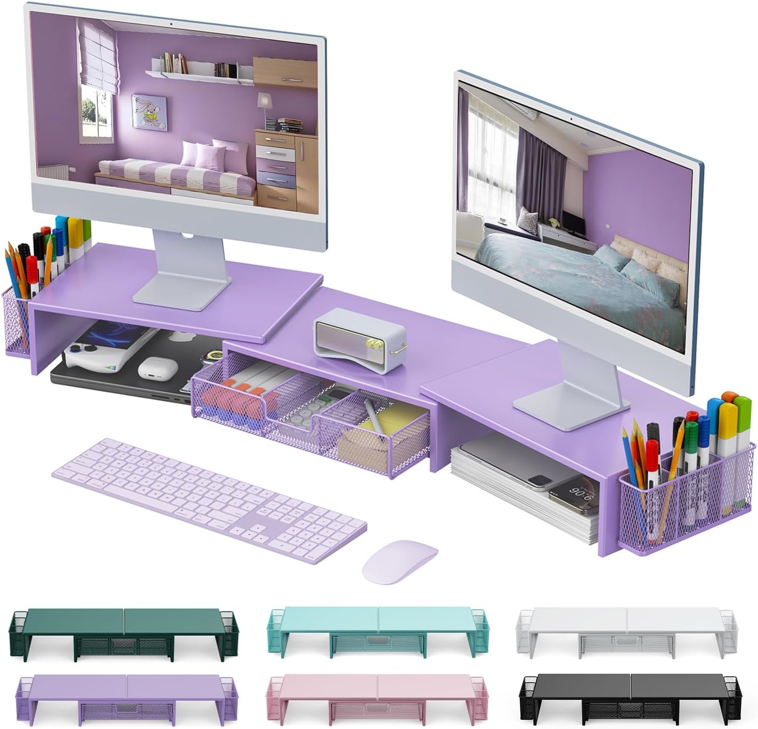 Purple Dual Monitor Stand Riser & Organizer