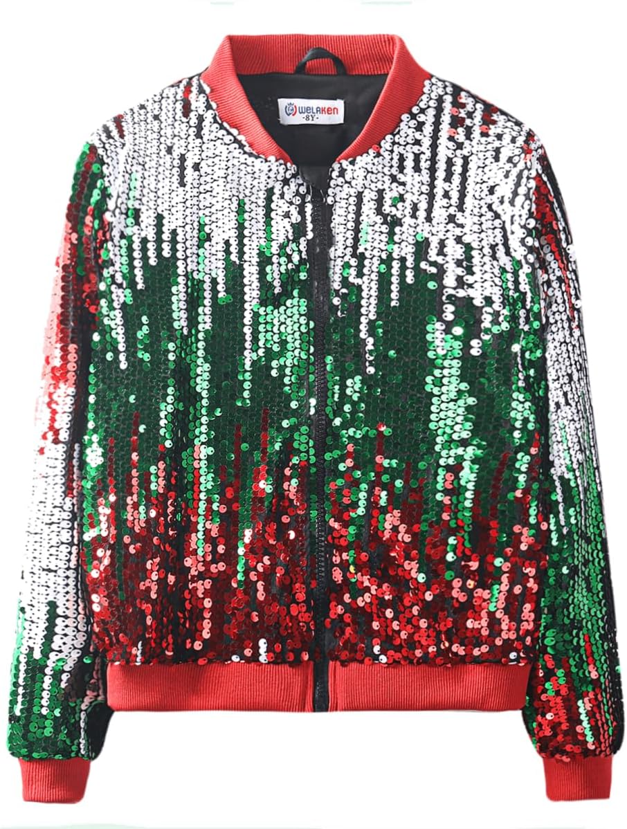 Girls' Ombre Sequin Bomber Jacket with Pockets for Kids