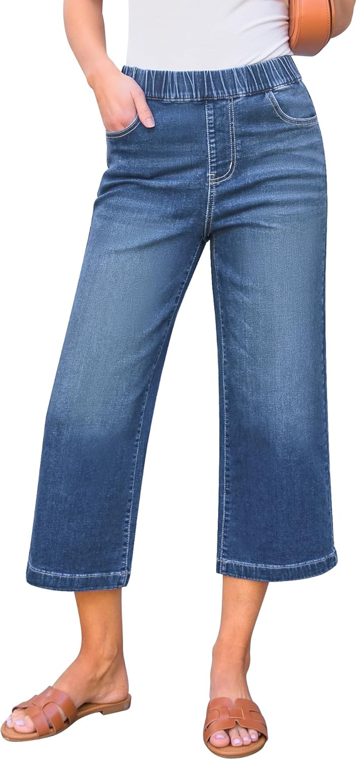 GRAPENT Capri Jeans for Women Wide Leg High Waisted Comfort