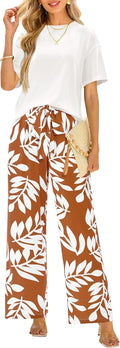 Women Summer 2 Piece Knit Top and Floral Wide Leg Pant Set