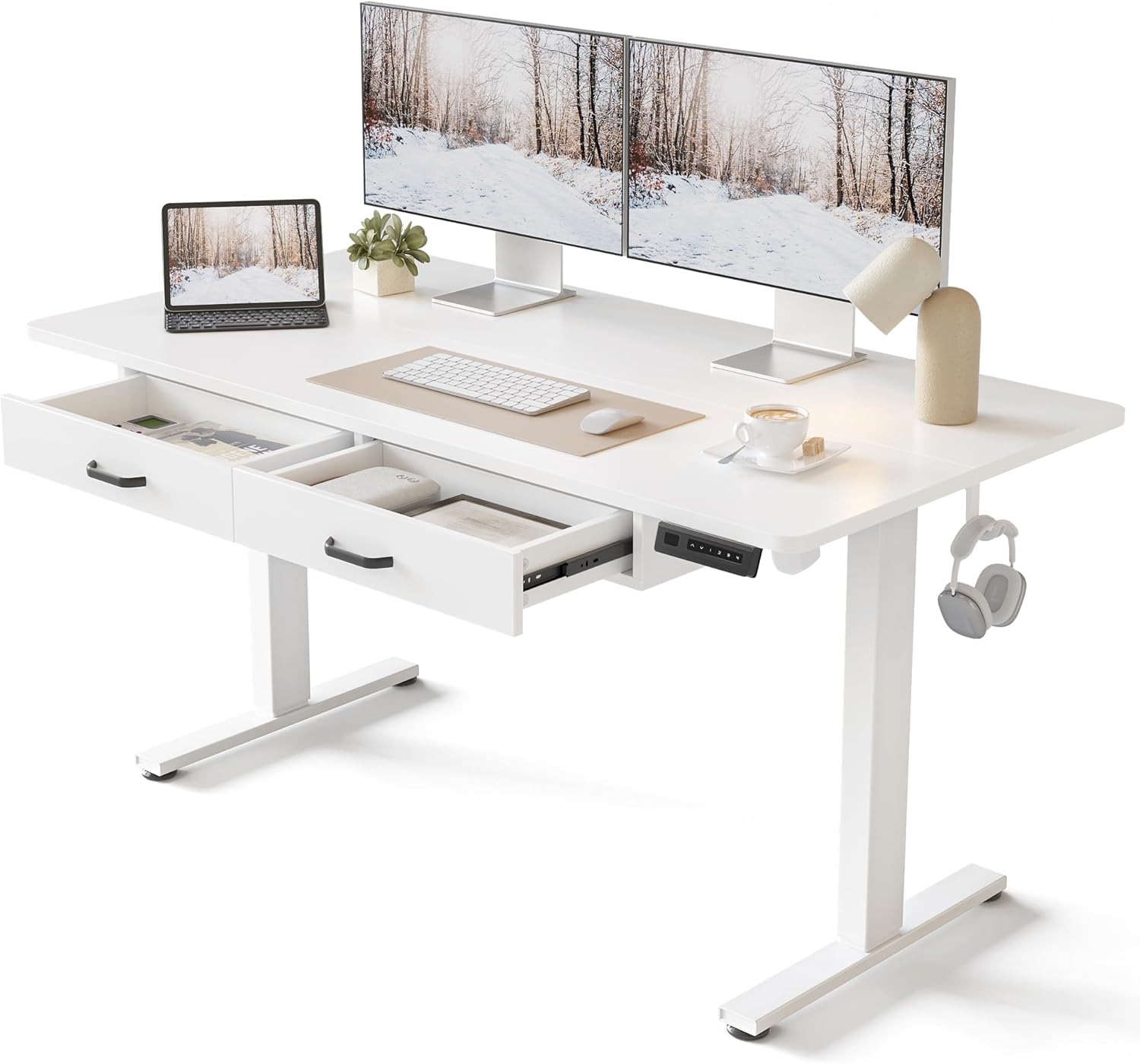 FEZIBO Electric Standing Desk: Height Adjustable, Spacious with Double Drawers