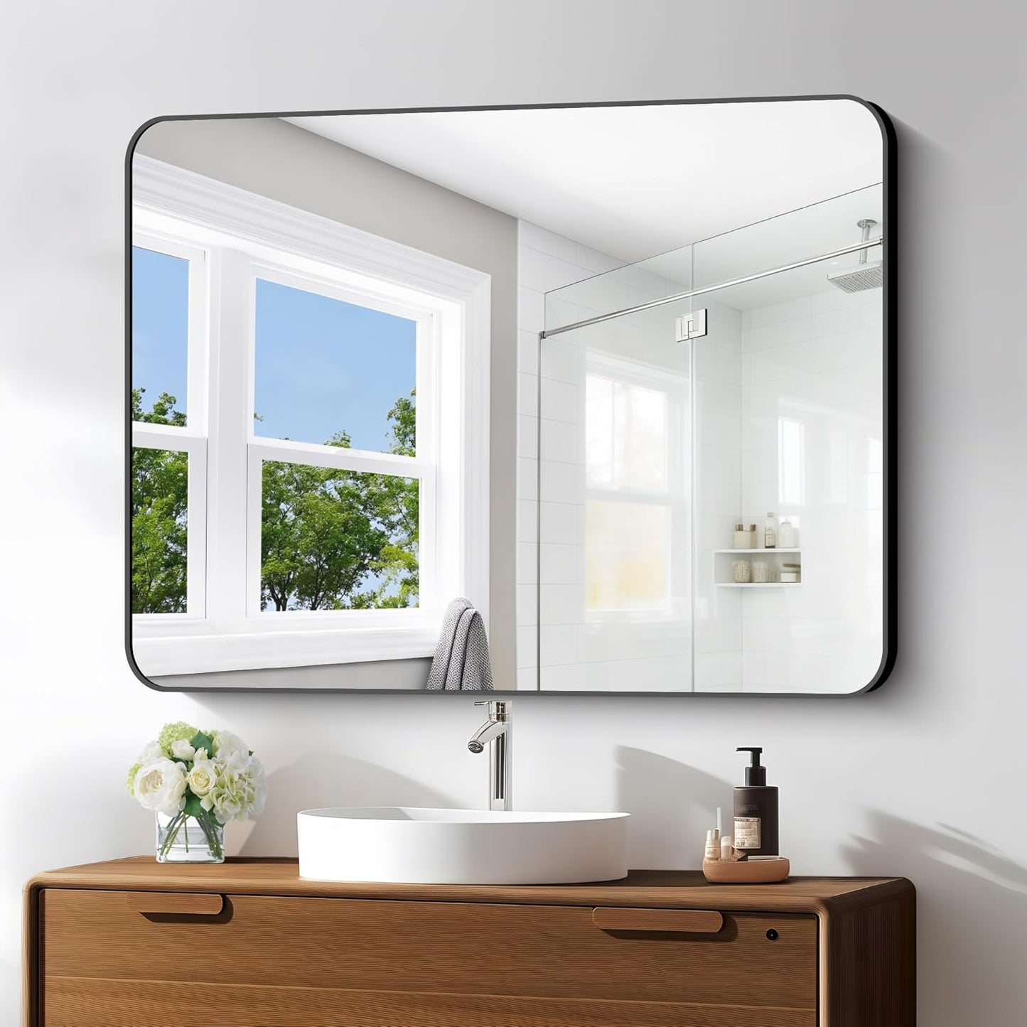 30x40 Inch Black Rectangle Bathroom Mirror with Rounded Corners