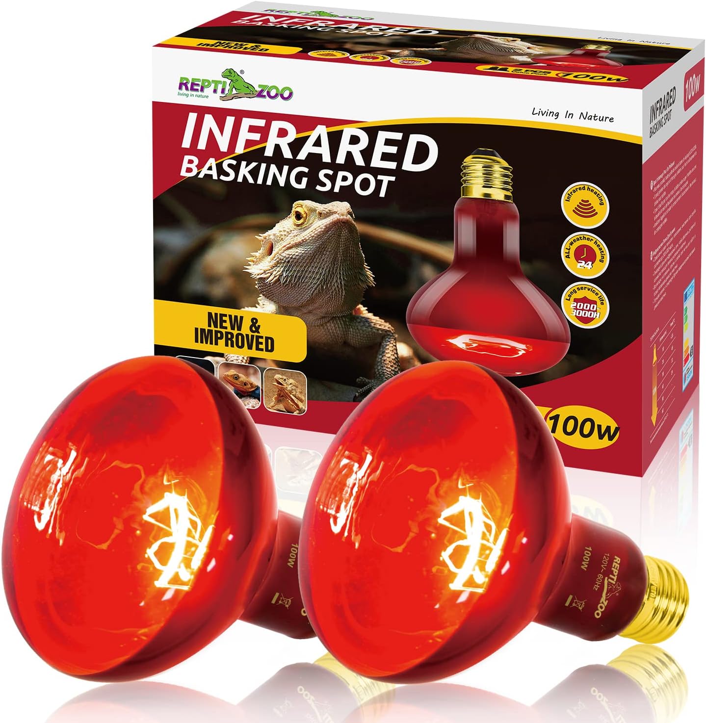 REPTI ZOO 2 Pack 100W Infrared Heat Lamps: Ideal Basking Spot