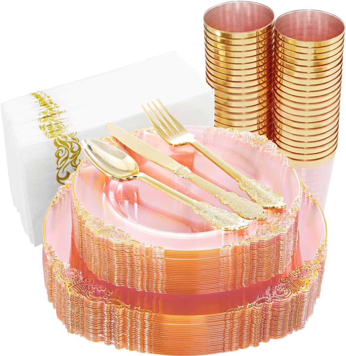Hioasis 175pcs Clear Pink Plastic Plates for Elegant Events
