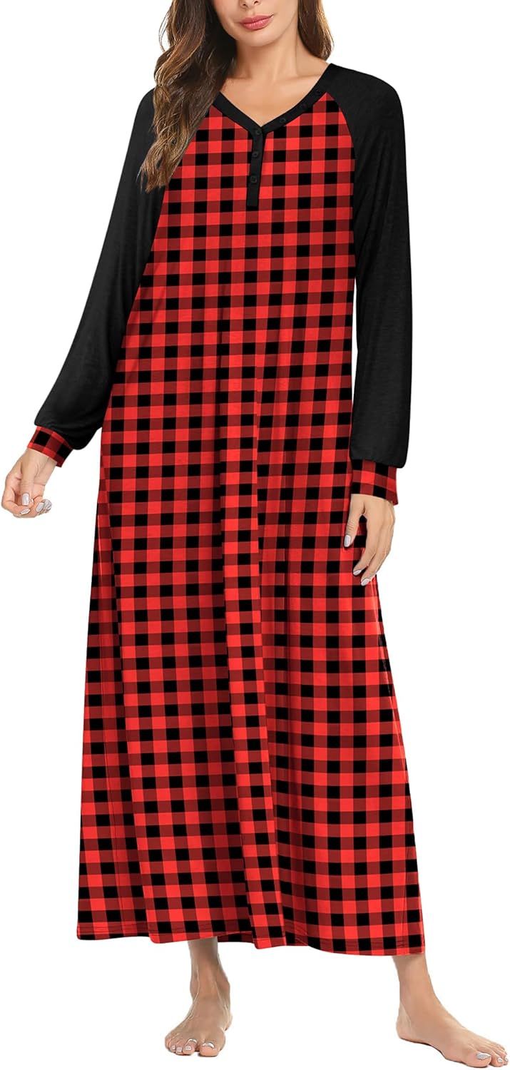 Ekouaer Nightgown Long Sleeve V Neck Loungewear for Women