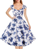 Hanpceirs Women's Cap Sleeve 1950s Retro Cocktail Swing Dress Pockets