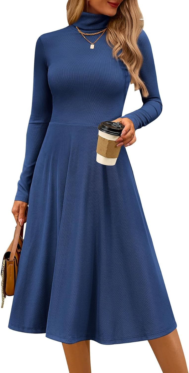 CFLONGE Women's Casual Ribbed Knit High Neck Dress for Fall