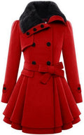 Women's Faux Fur Lapel Double-Breasted Wool Trench Coat - Warm