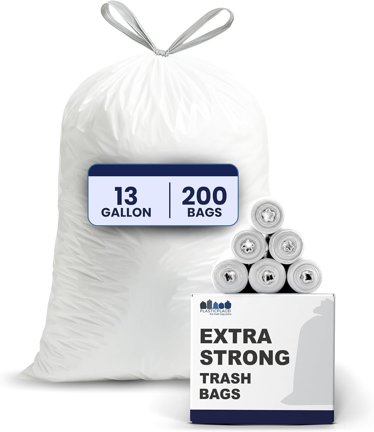 Plasticplace 13 Gallon Trash Bags - Durable Drawstring Liners