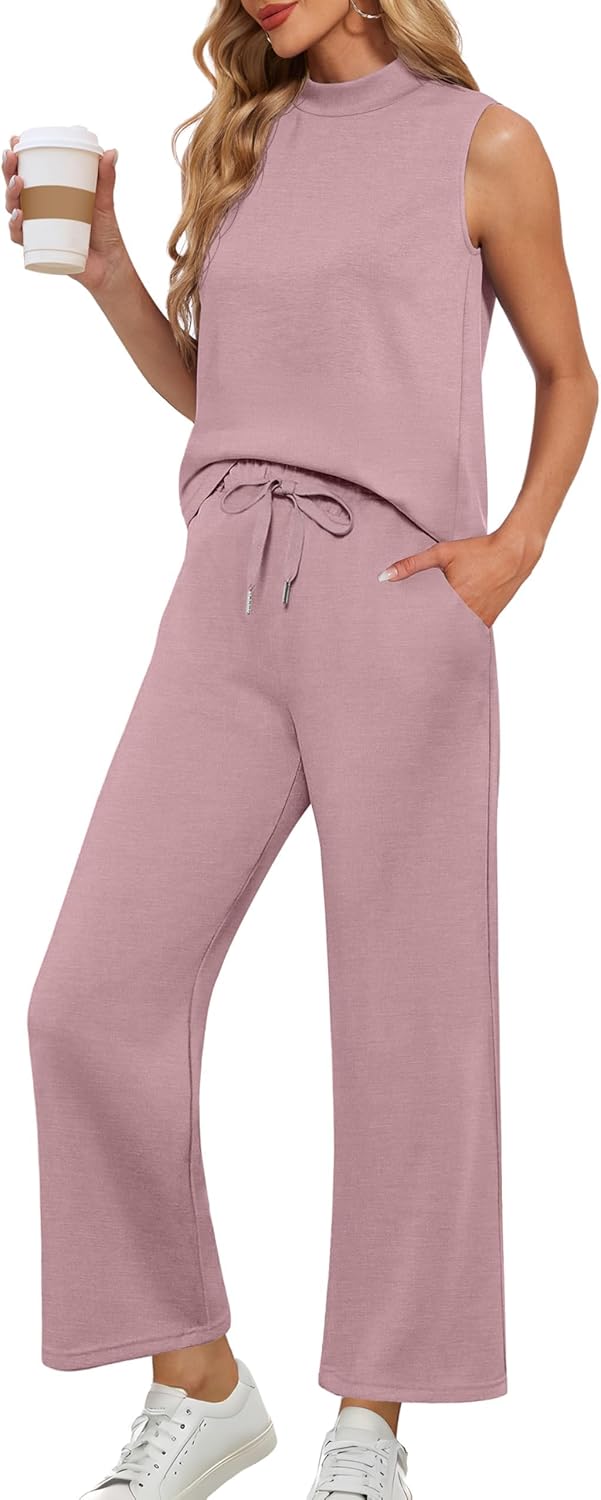 Lepunuo Two Piece Sets for Women Summer Mock Neck Sleeveless Top