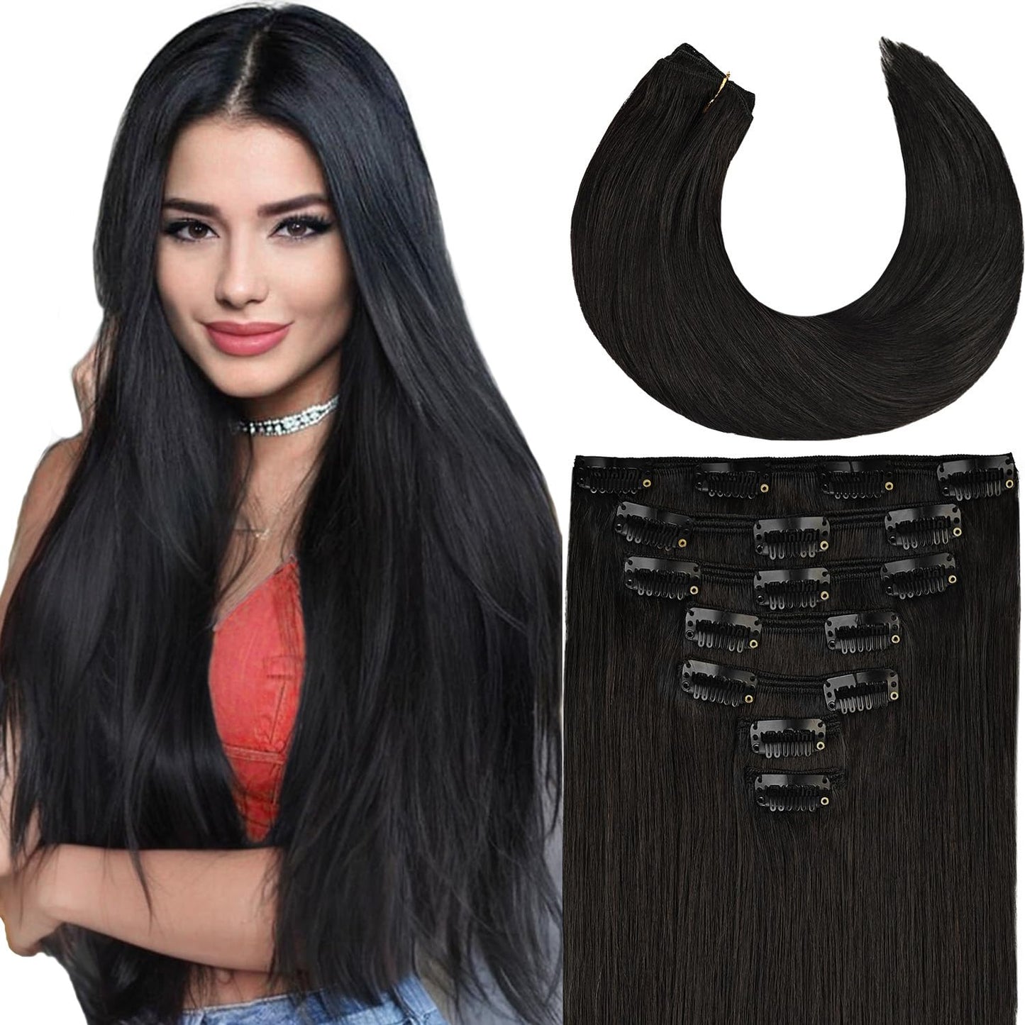 Clip in Hair Extensions Real Human Hair 18 Inch for Women