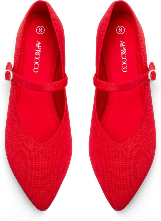 Knit Pointed Toe Ballet Flats for Women with Ankle Strap