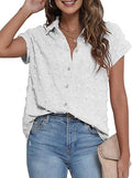 Women White Button Down Shirt Dressy Casual Work Top - Chiffon Blouse