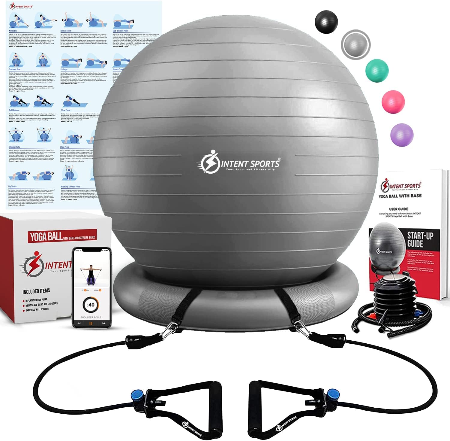Yoga Ball Chair with Stability Base & Resistance Bands for Fitness