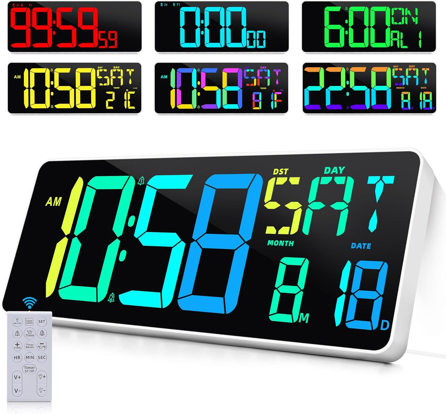 Large Digital Wall Clock Timer with 11 Color Modes and Alarms