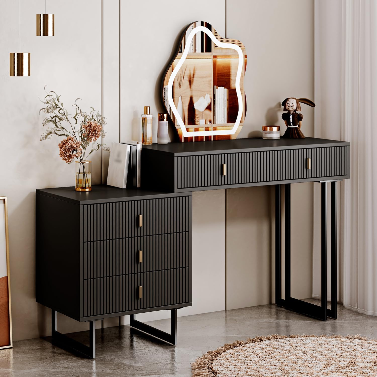 Modern Black Vanity Desk - 5 Drawers, Lights