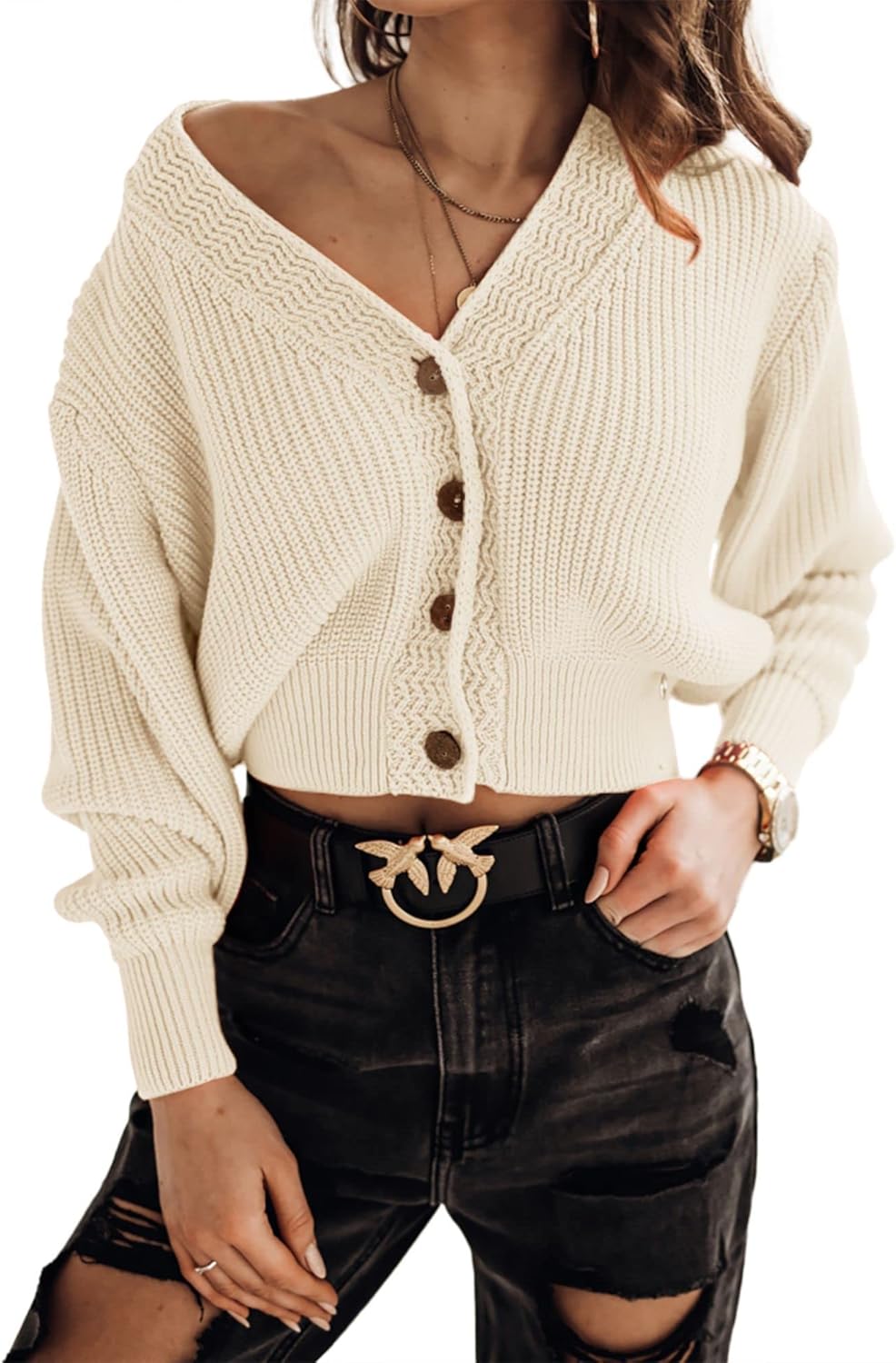 Stylish Women's Long Sleeve V-Neck Button Down Cropped Cardigan