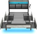 Twin Upholstered Bed Frame with LED Lights and Charging Station
