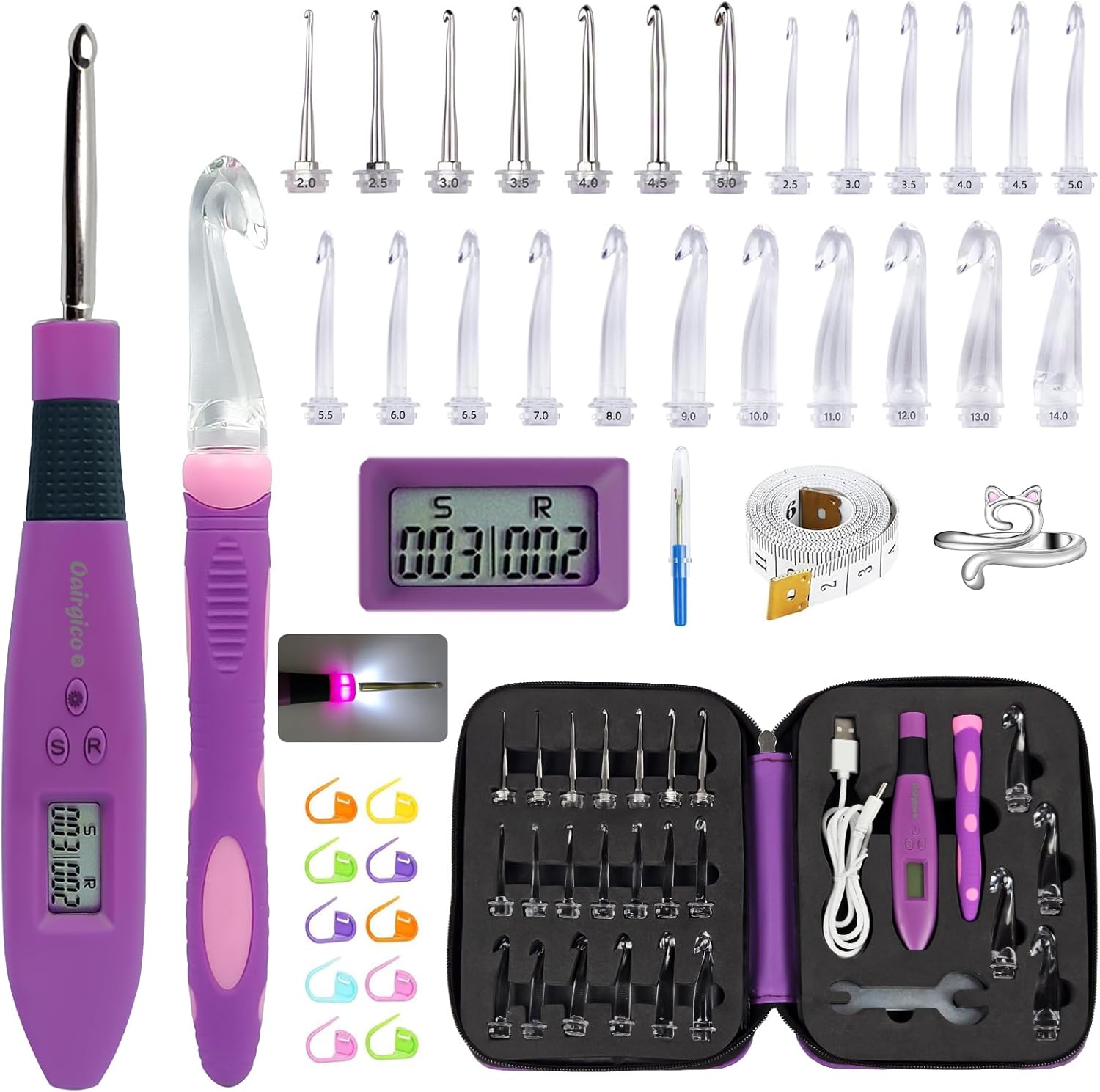 Light Up Crochet Hooks Set with Digital Counter for Beginners
