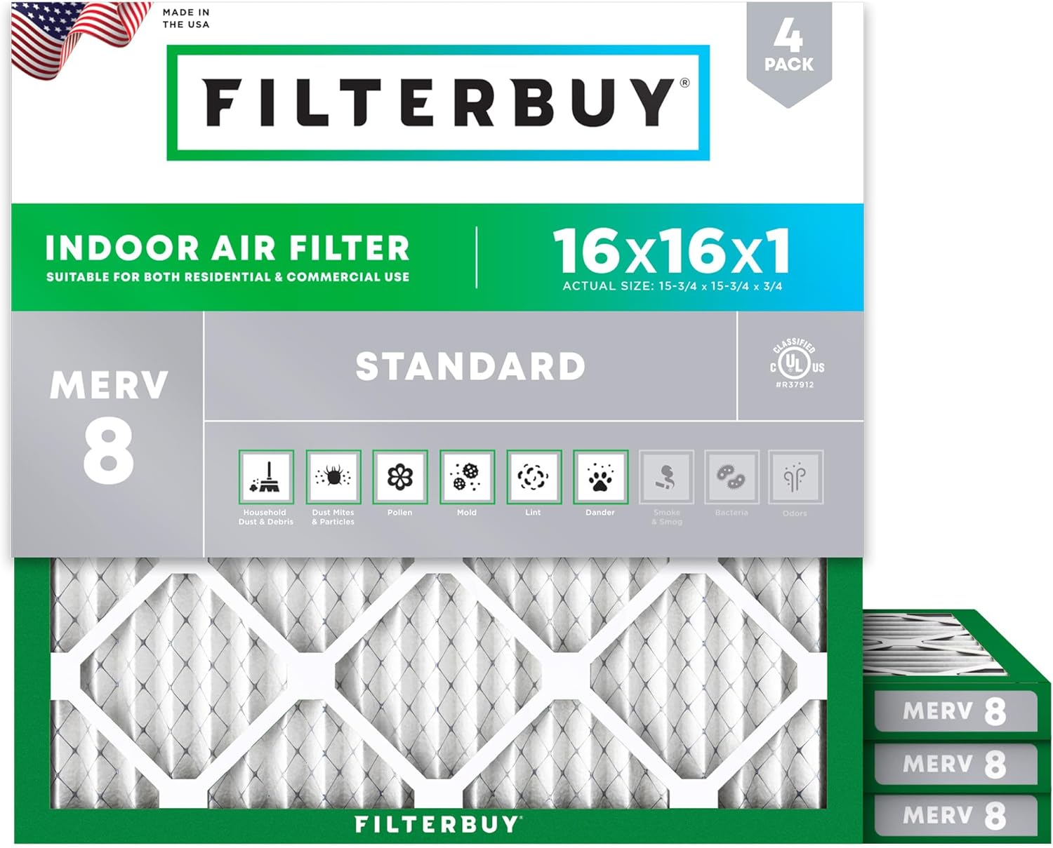 Filterbuy 16x16x1 Air Filter MERV 8 for Dust and Allergies