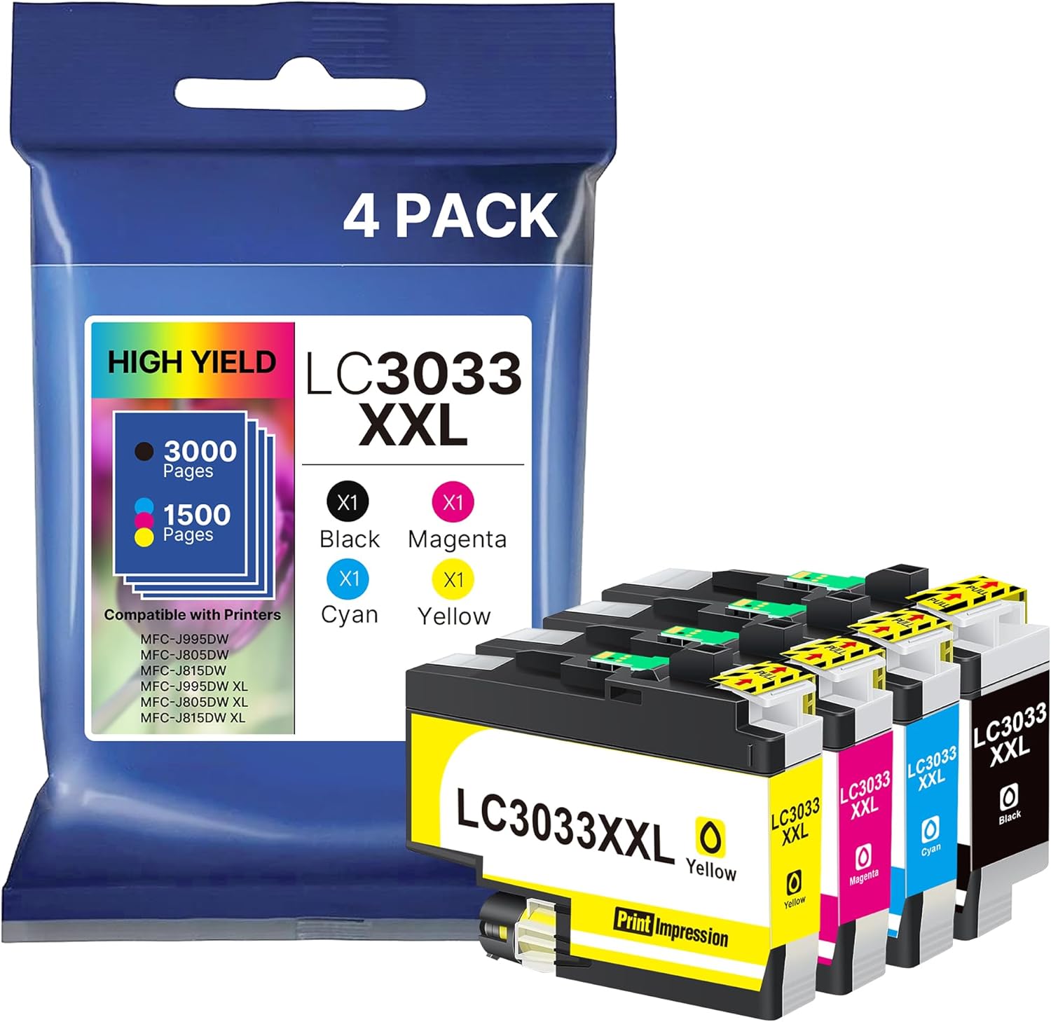 High Yield LC3033XXL Ink 4-Pack for Brother Printers