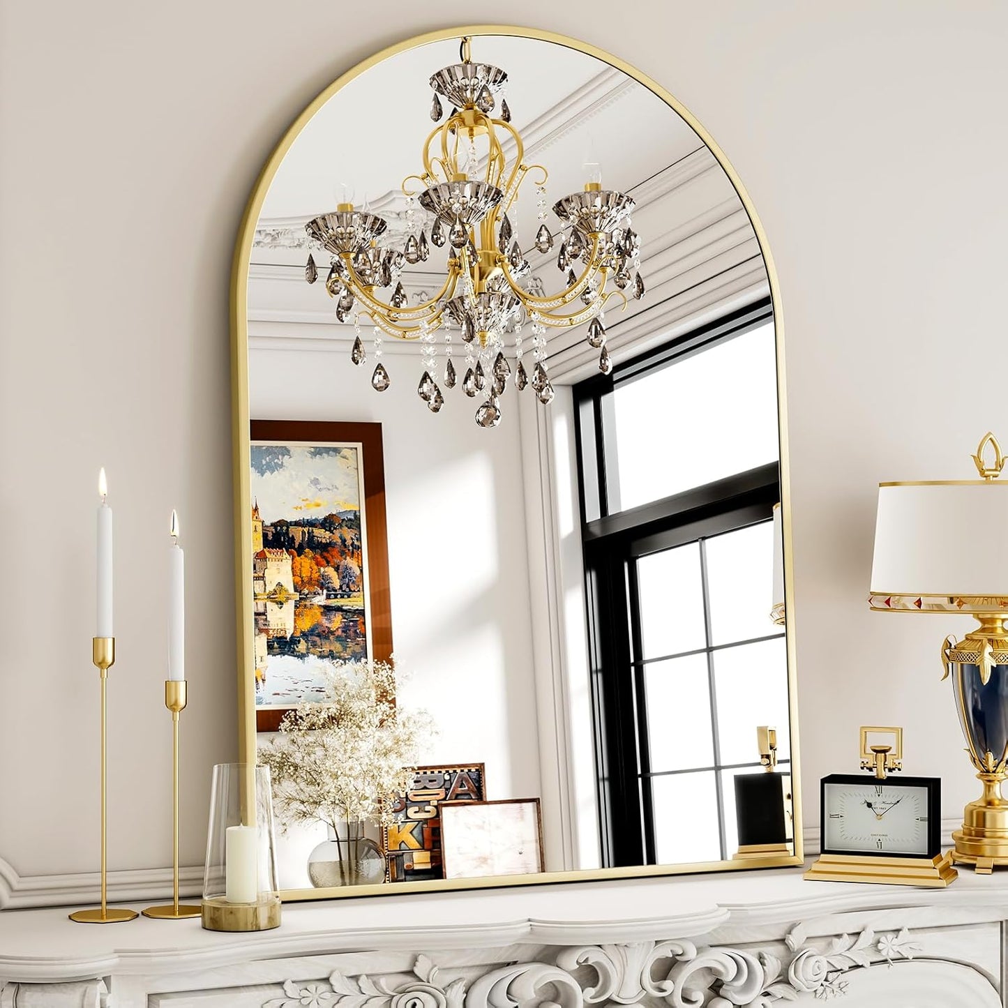 30x38 Inch Arched Bathroom Mirror with Gold Metal Frame