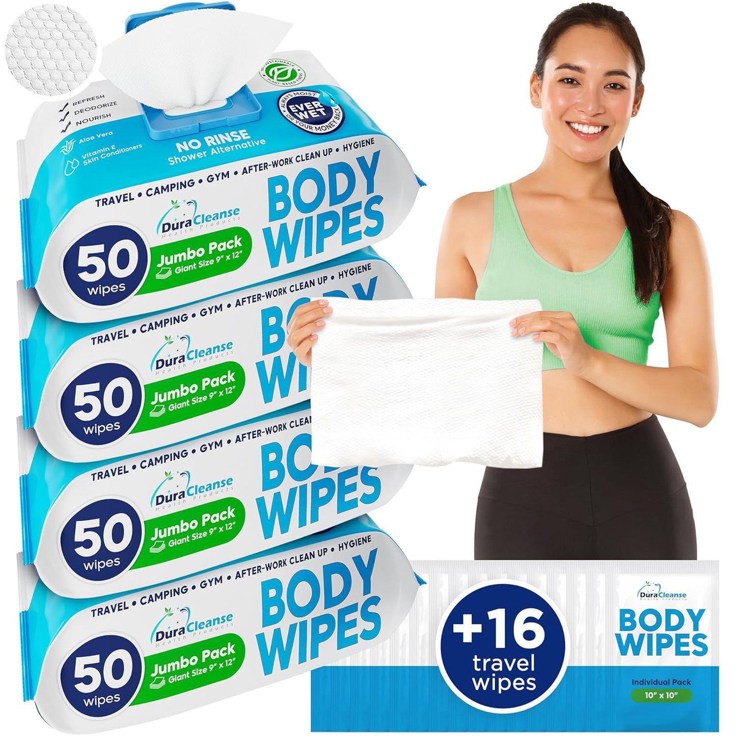 XL Body Wipes - 200 Shower Wipes & 16 Travel Bath Sheets