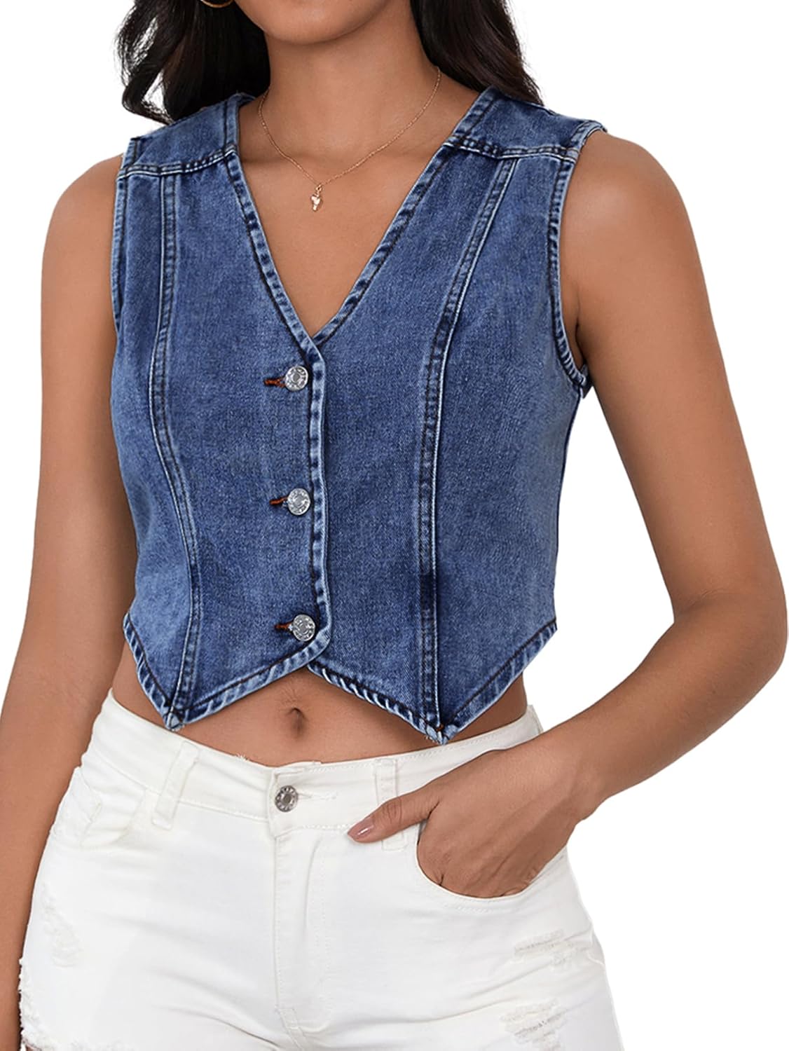 SHENHE Women's Denim Vest Button Down Sleeveless Jean Top