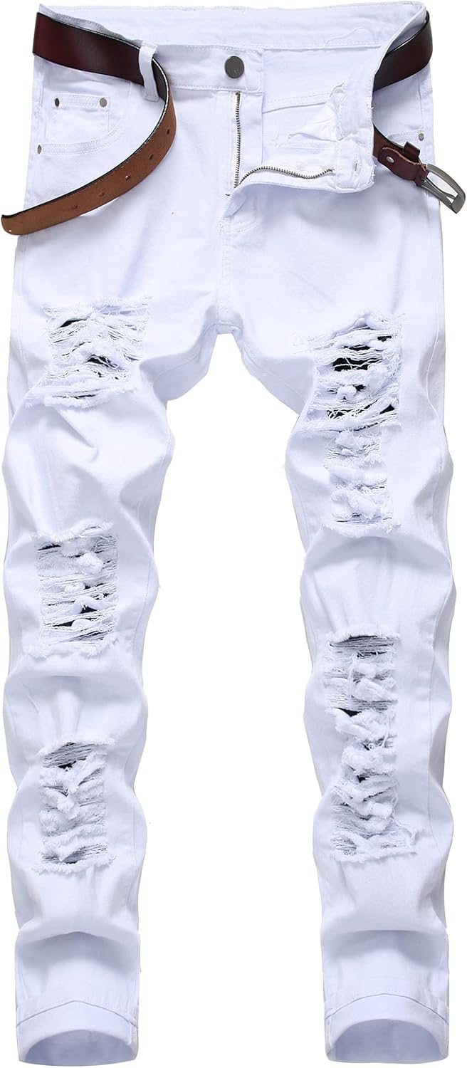 Men Ripped Jeans, Slim Fit Straight Leg Denim Pants with Holes