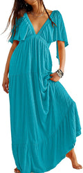 Kikibell Women Summer V-Neck Maxi Dress - Flowy Tiered Silhouette