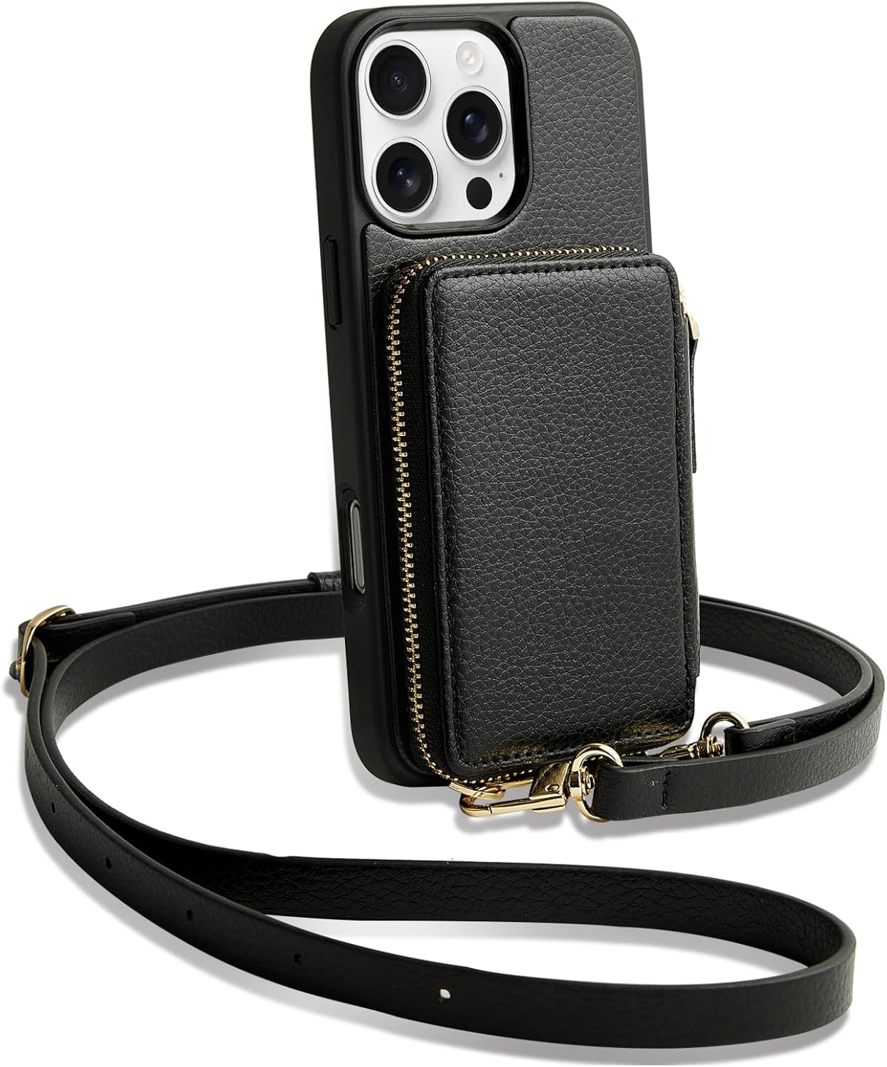 ZVE iPhone 16 Pro Max Wallet Case with Zipper and Strap