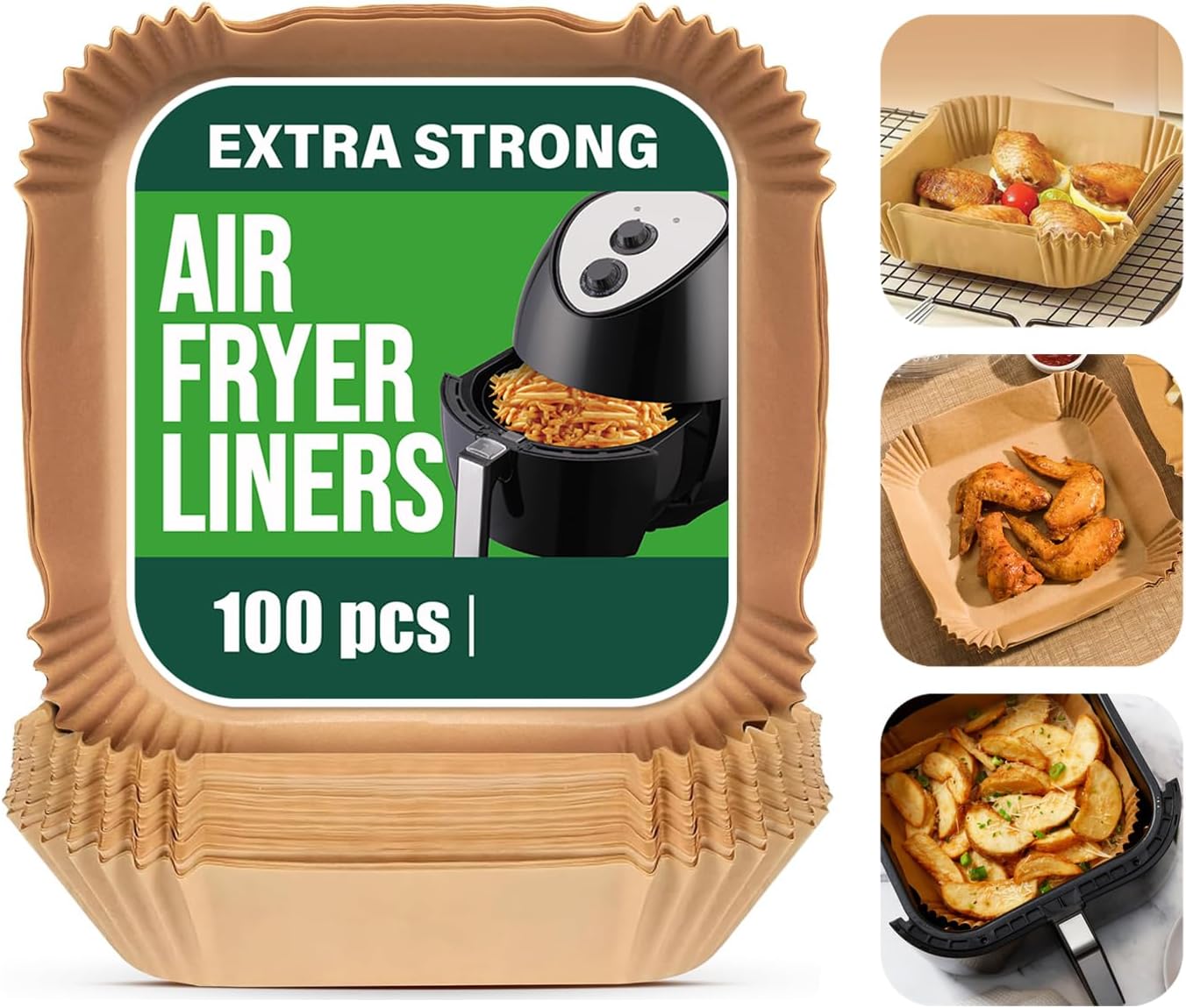 Non-Stick 8' Square Air Fryer Liner, 100pcs Parchment