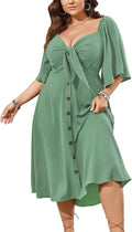 Plus Size Summer Dress for Women - Deep V Smocked Midi Bow Tie