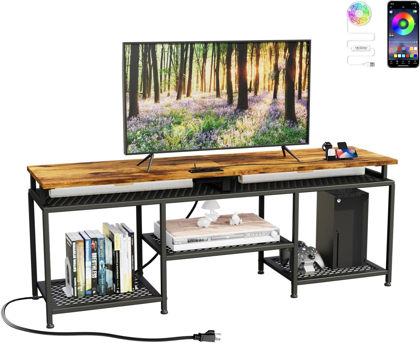 Rustic 4-Tier TV Stand with Power Outlets - Organize & Illuminate Your Space!