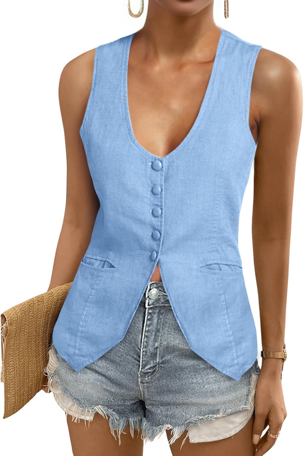 Tankaneo Womens Scoop Neck Blazer Vest for Summer Casual Wear