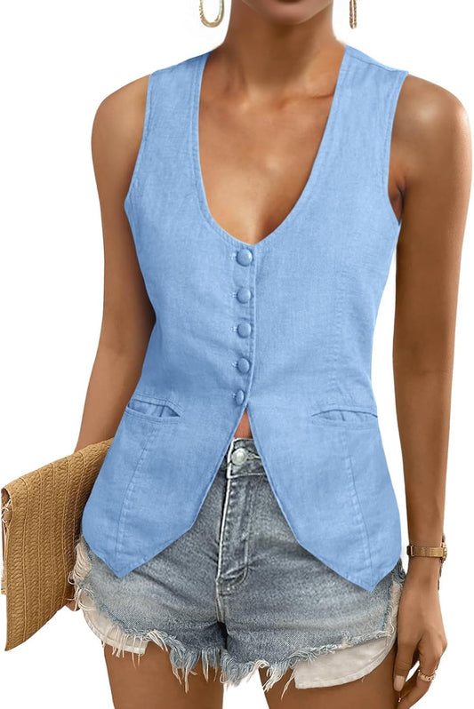 Tankaneo Womens Scoop Neck Blazer Vest for Summer Casual Wear