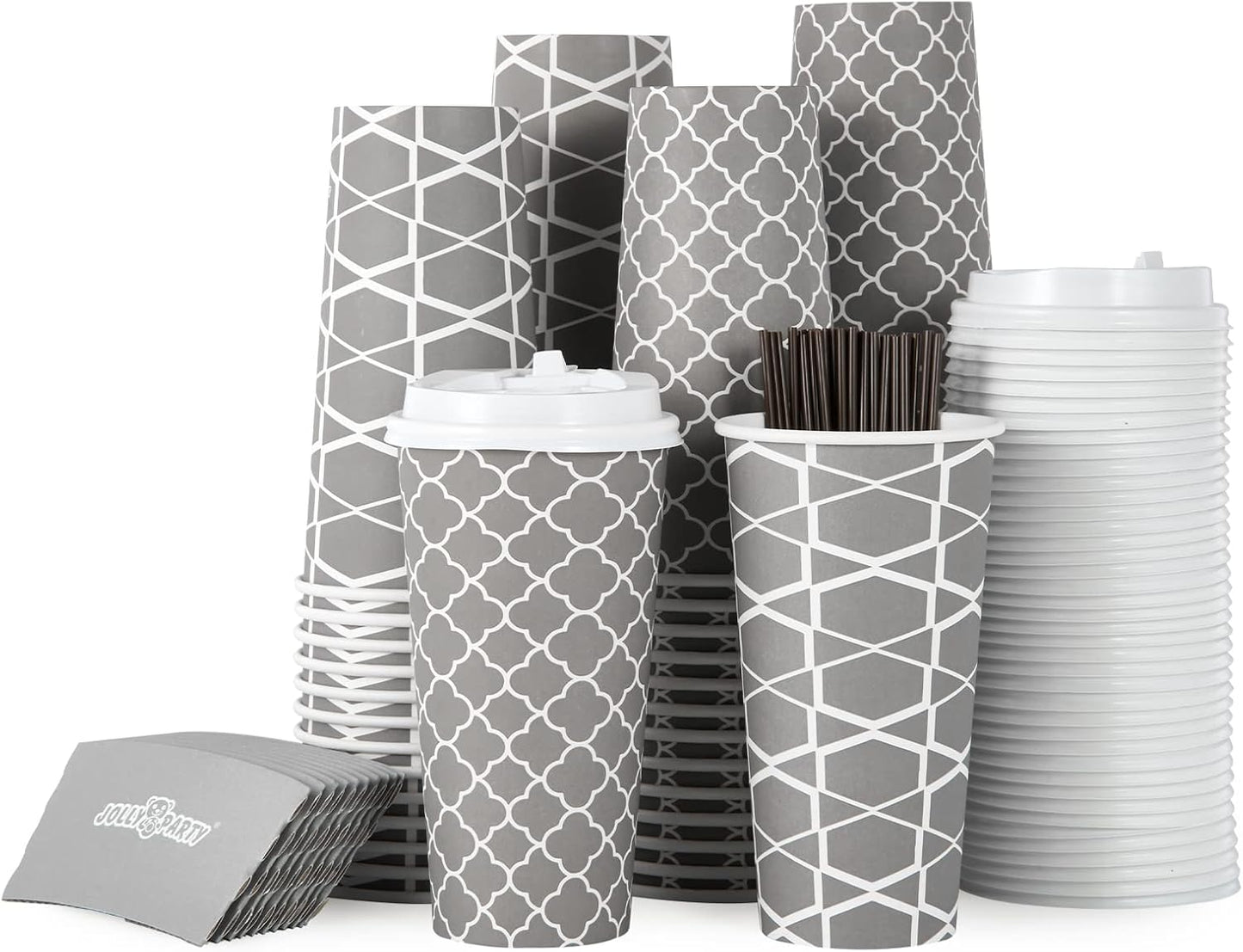 JOLLY PARTY 20 oz Coffee Cups - 100 Sets, Complete To-Go Solution!