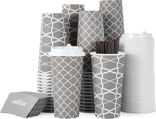 JOLLY PARTY 20 oz Coffee Cups - 100 Sets, Complete To-Go Solution!