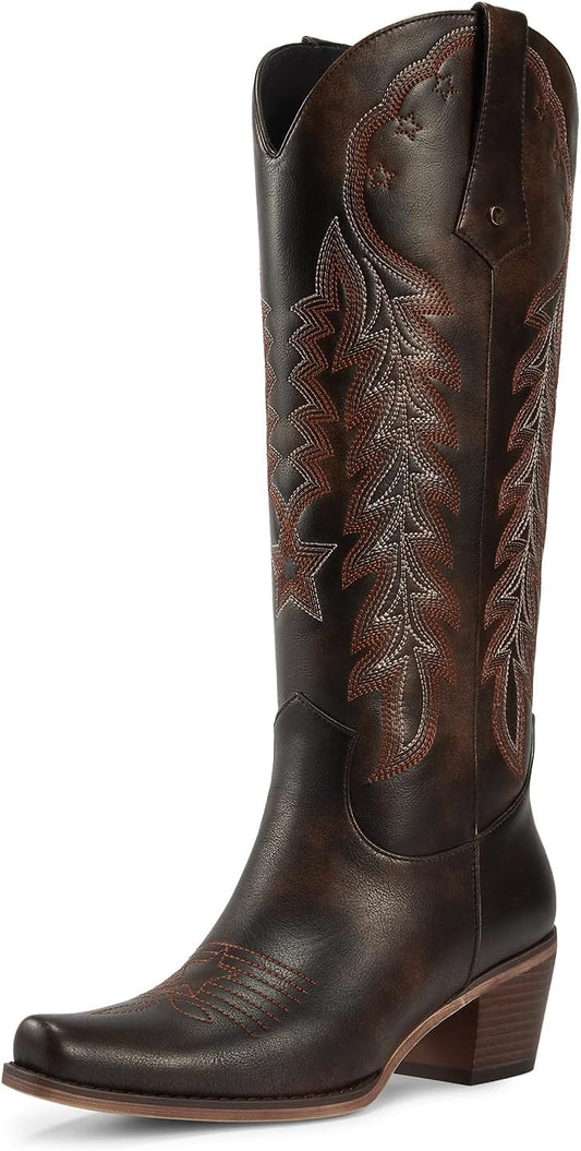 WETKISS Cowboy Boots for Women Knee High Retro Embroidered Style