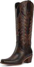 Cowgirl Boots for Women Knee High Dark Brown Retro Embroidered